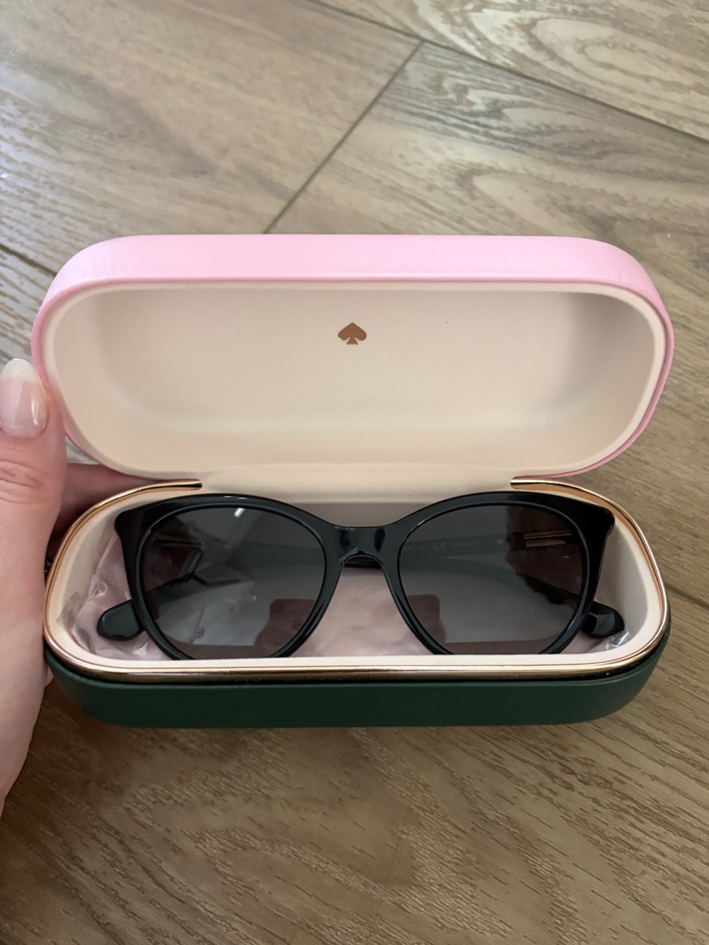 kate spade Black Cat-Eye Sunglasses with Pink and Green Case